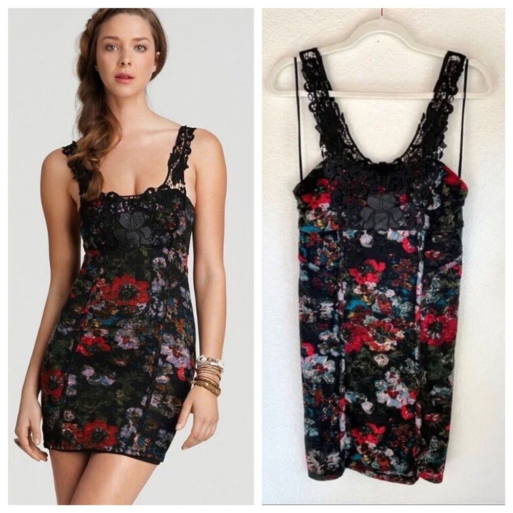 Free People Knockout Floral Lace PleatherBodycon Mini Dress Black Red Sz S EUC